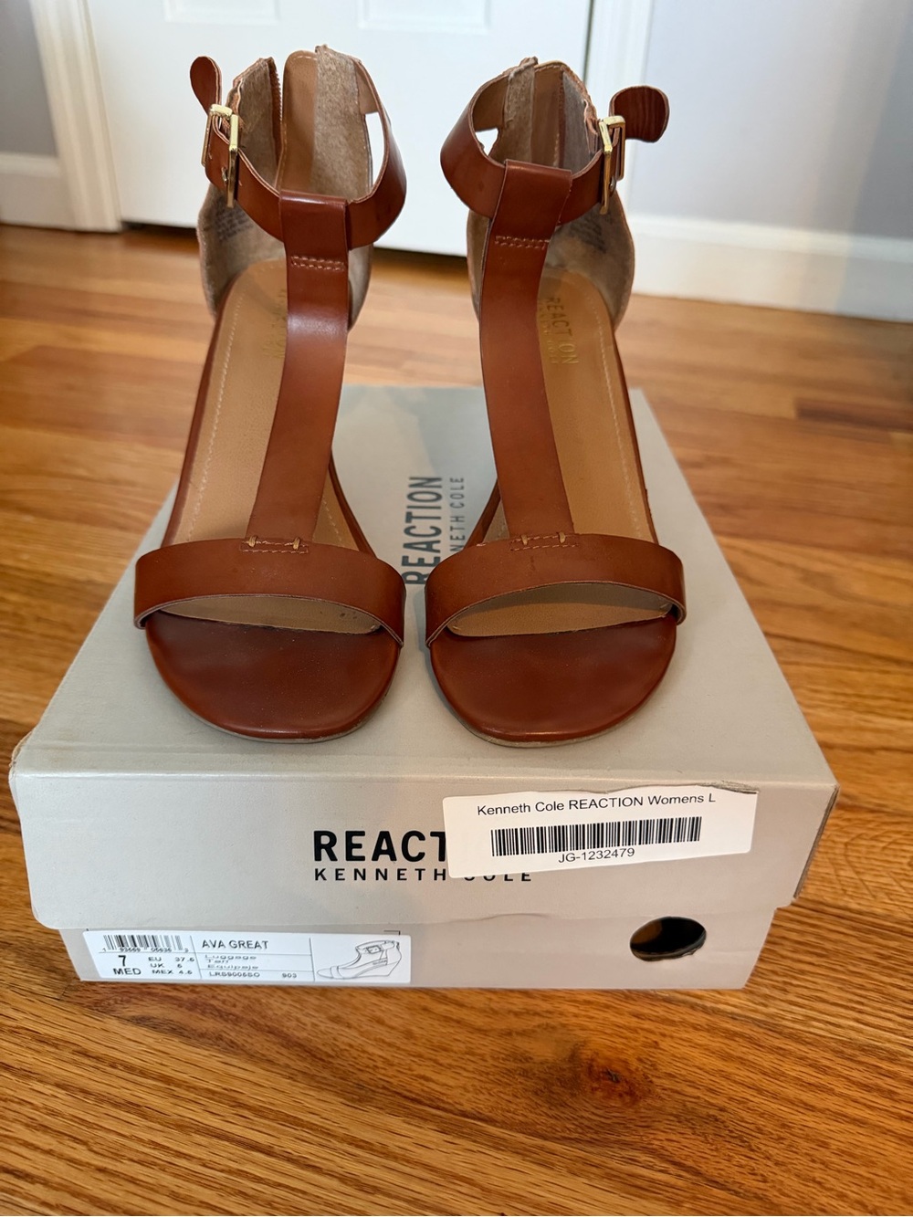 Kenneth Cole Ava Great Tan Leather T-Strap Cork Wedge Sandals